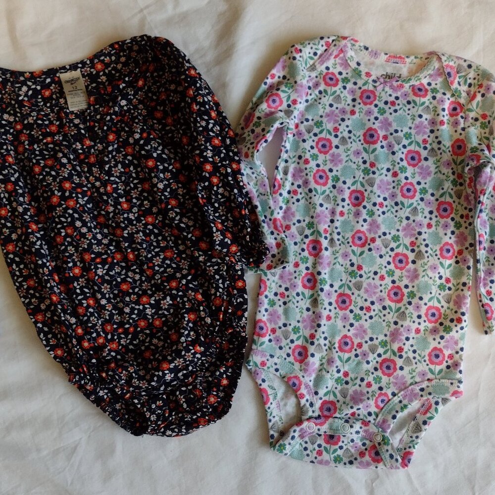Lot of 2 Oshkosh & Child O Mine Baby Girl Rompers , 12 Month